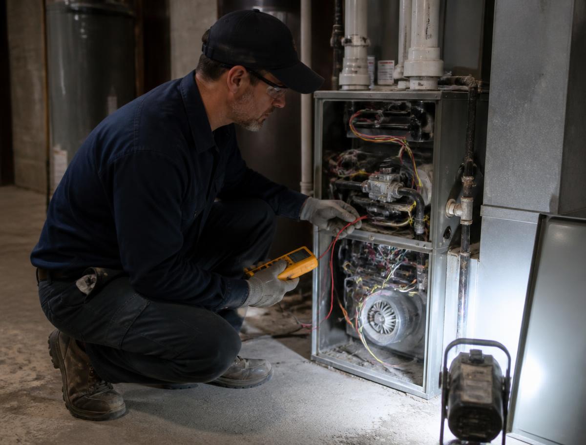 Technician using a multimeter to diagnose a residential gas furnace in a basement