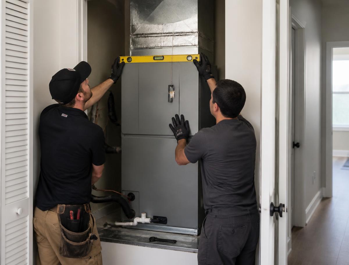 Two technicians leveling a new indoor air handler during installation