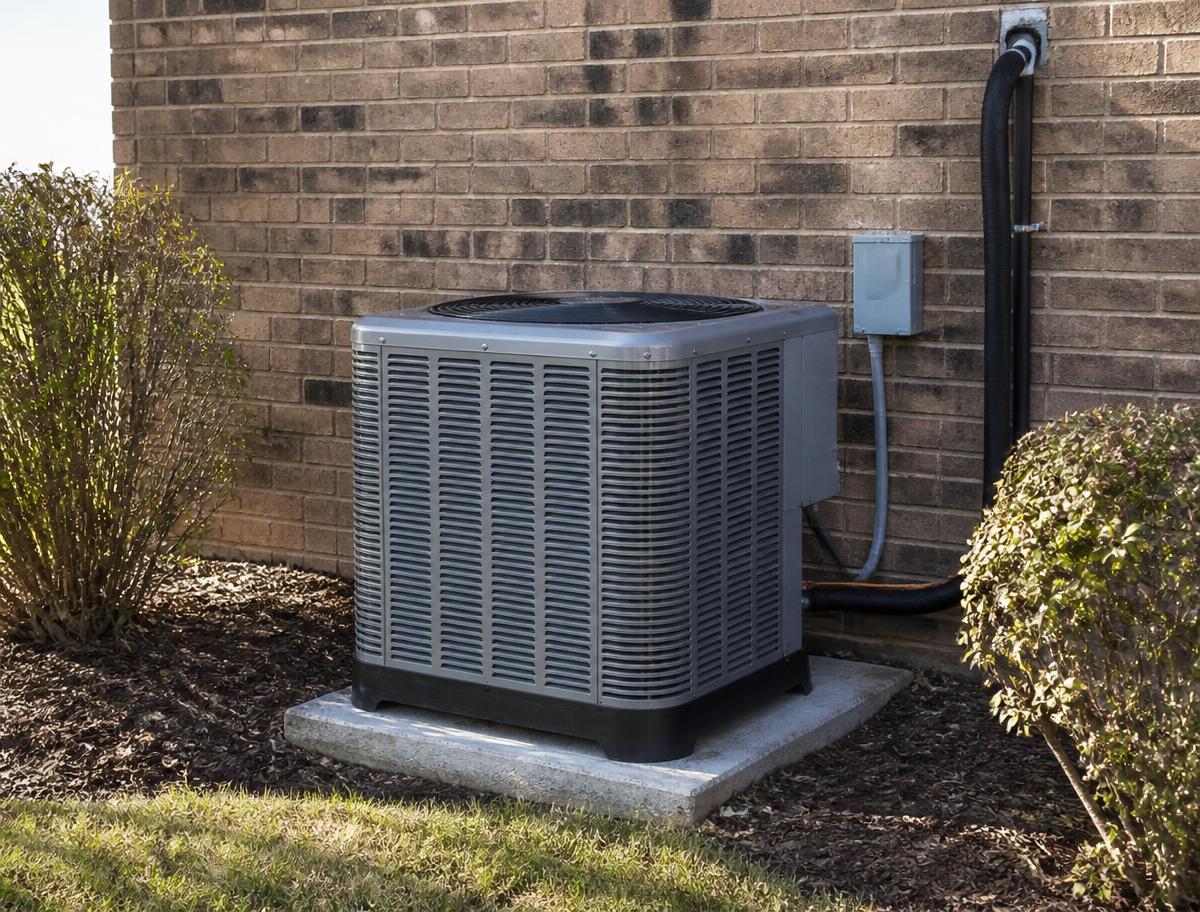 Newly installed outdoor condenser on a concrete pad beside a brick home with neat line set