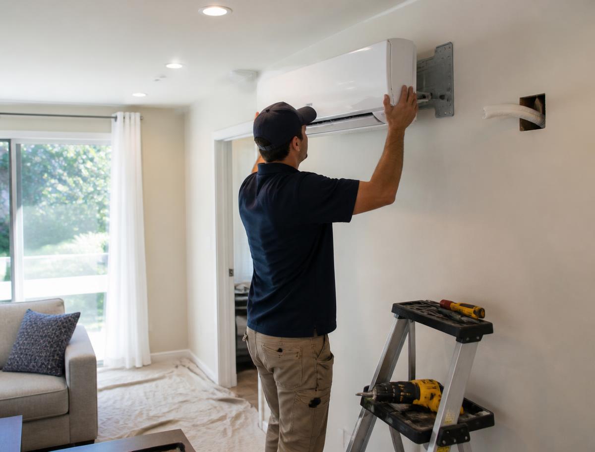 Technician mounting a ductless mini split head on a living room wall