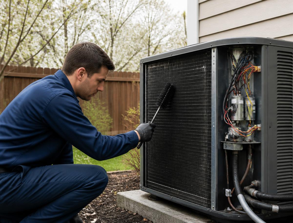 Technician cleaning the coil of an outdoor air conditioning condenser with a brush