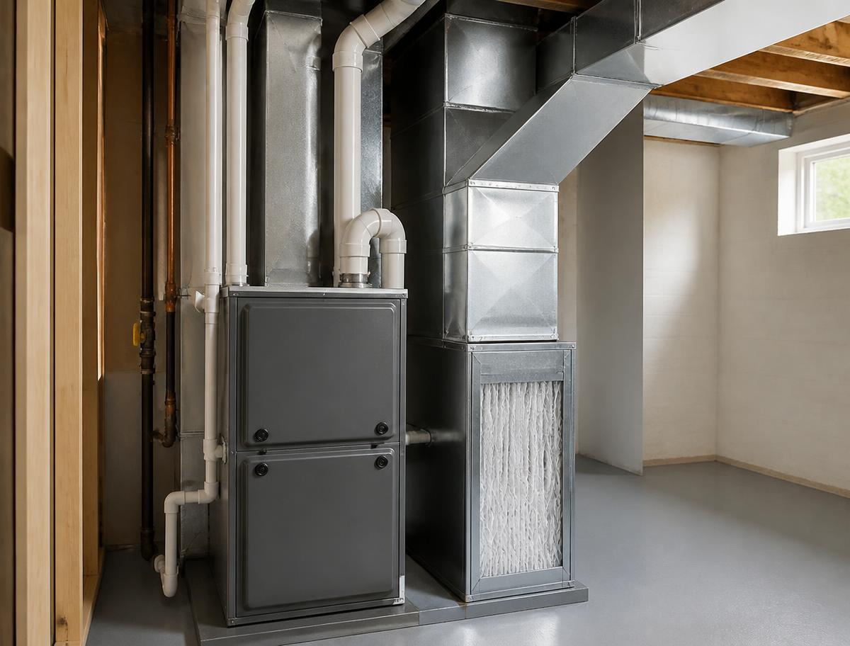 Finished furnace and sheet metal ductwork in a clean basement mechanical room