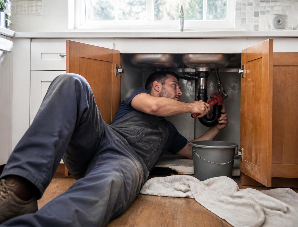 Plumber working under a kitchen sink with a pipe wrench on the drain trap