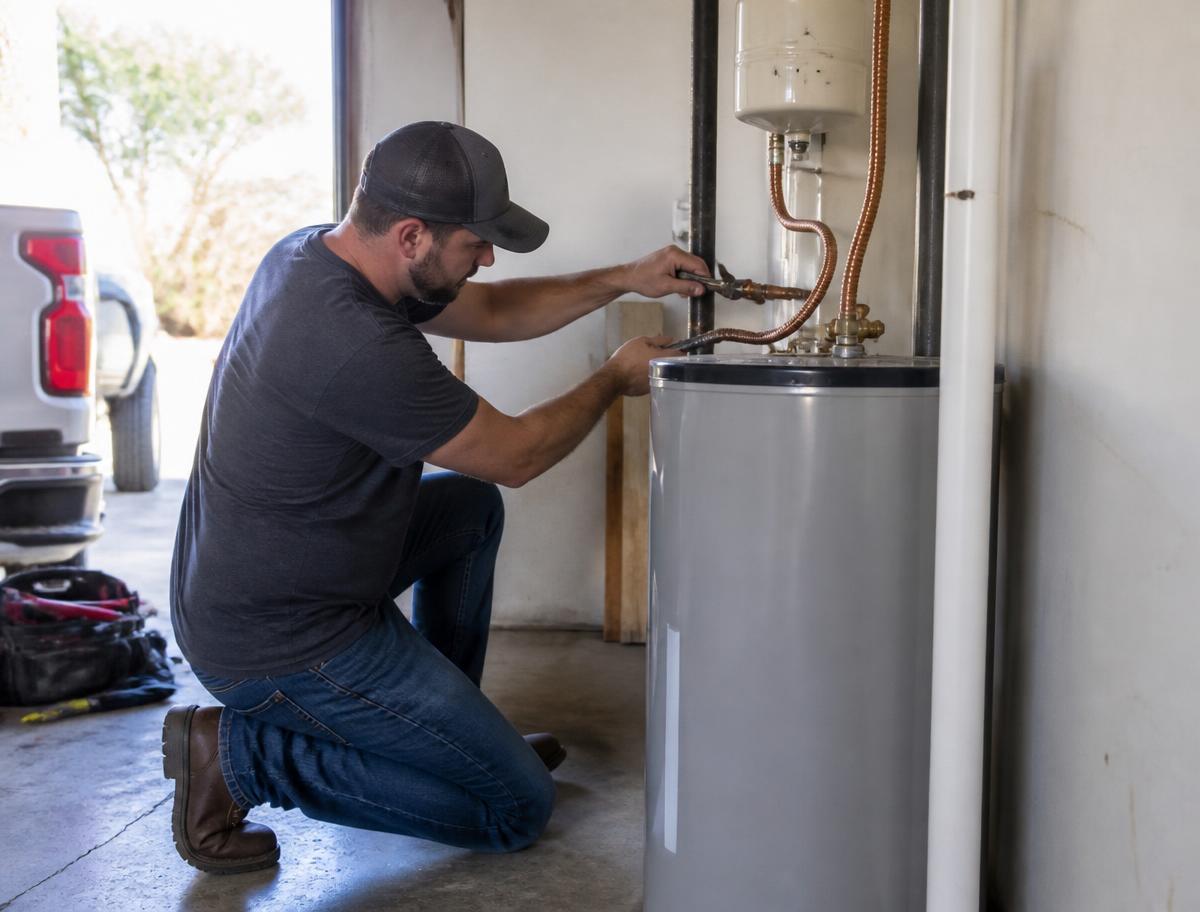Plumber connecting water lines to a newly installed residential water heater