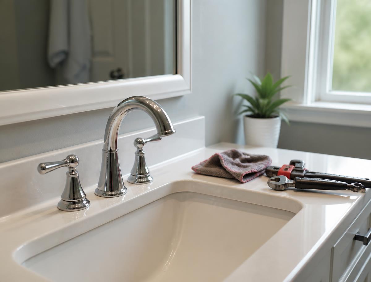 Newly installed chrome faucet on a white bathroom vanity with plumber's tools beside it