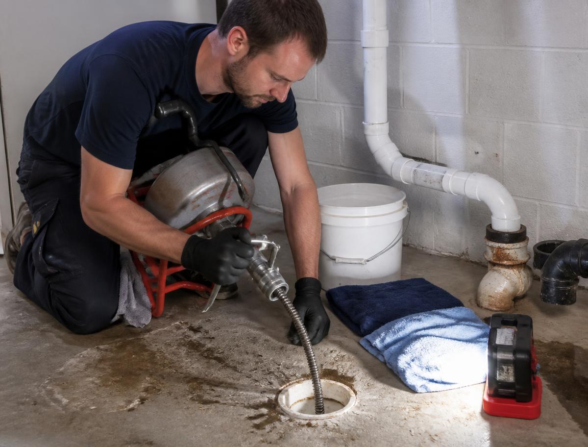 Plumber using a drain auger on a basement floor drain cleanout
