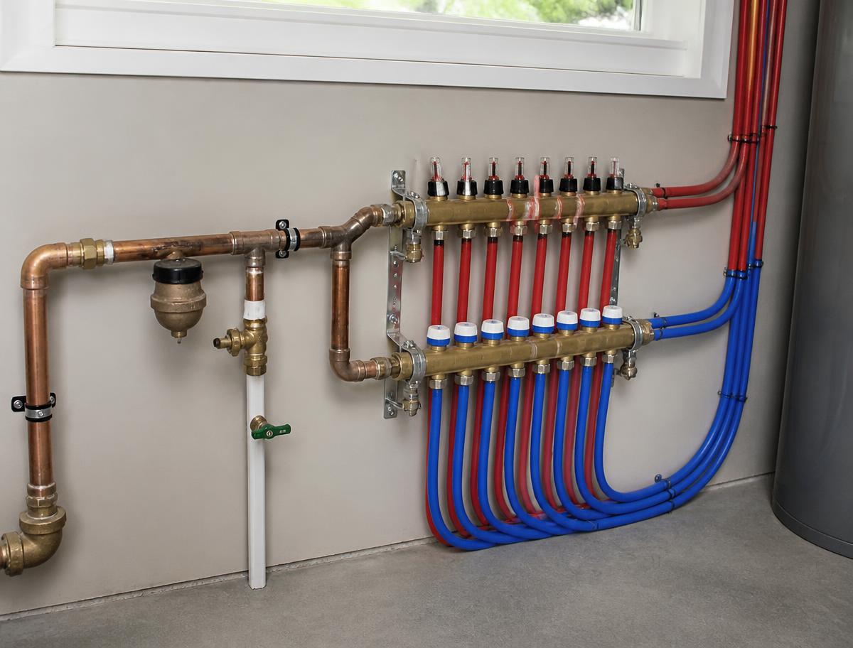 Neatly finished PEX manifold with shutoff valves on a utility room wall