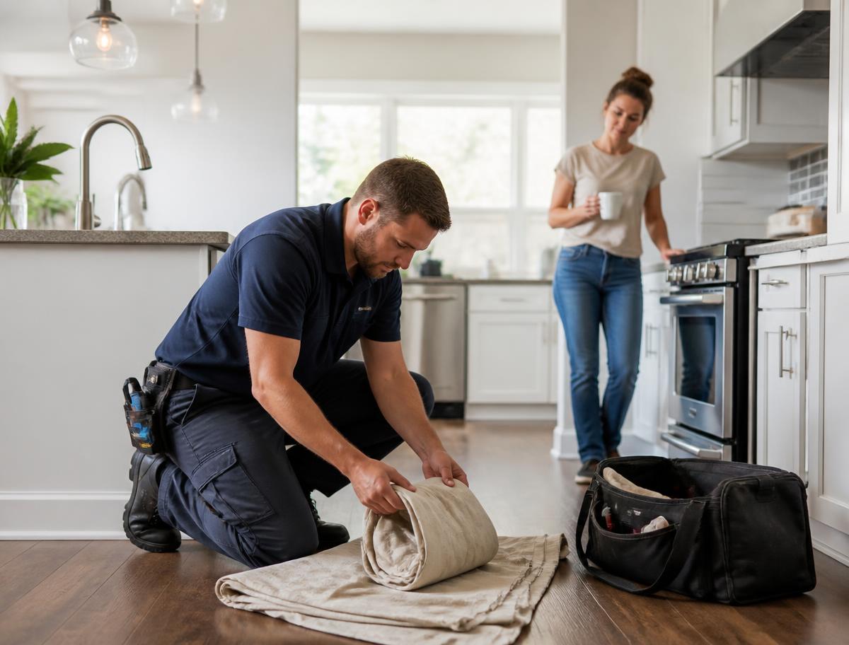 Technician folding a drop cloth and packing tools in a tidy kitchen after finishing work